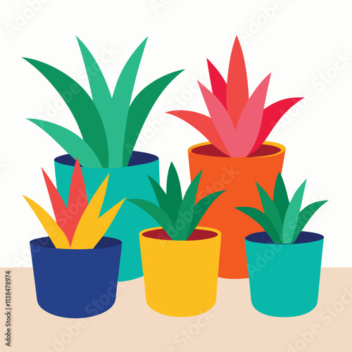 Colorful pots of bromeliads in backyard with white background
