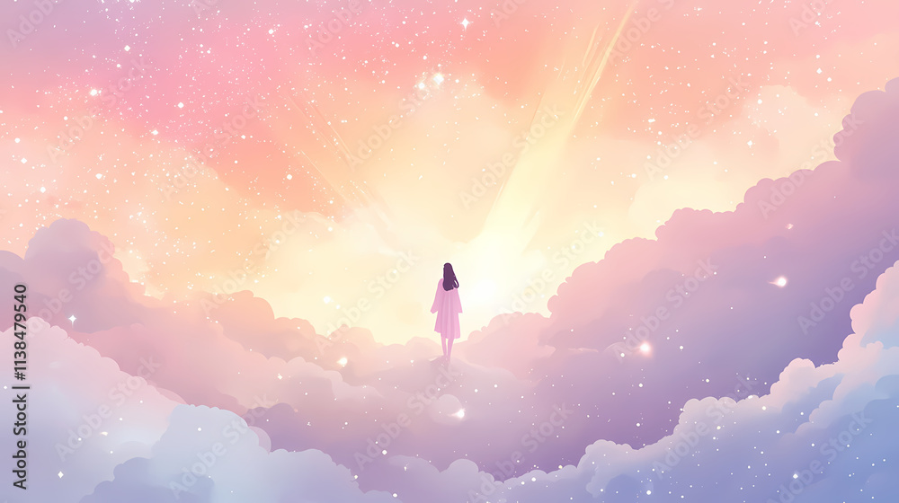 Obraz premium Radiant cosmic light emerging from pastel clouds in the stars. Heavenly. Illustration