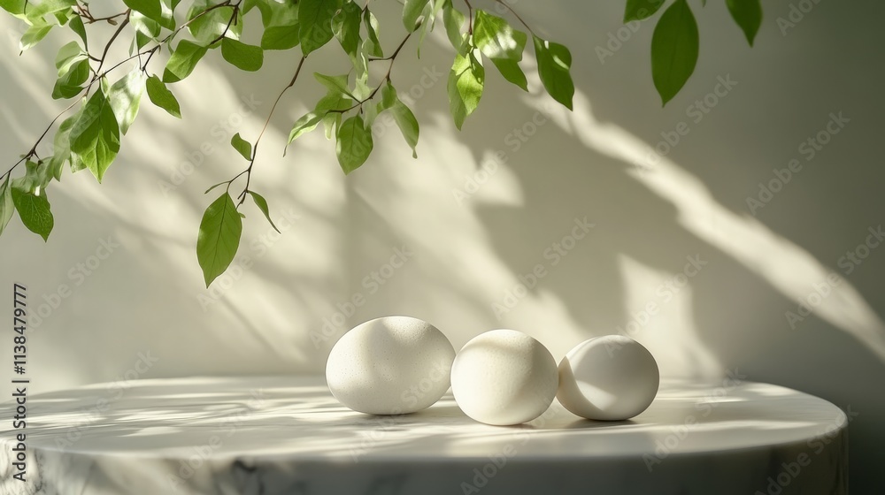 Fresh White Eggs on a Table with Green Leaves and Soft Light Fresh White Eggs on a Table with Green Leaves and Soft Light