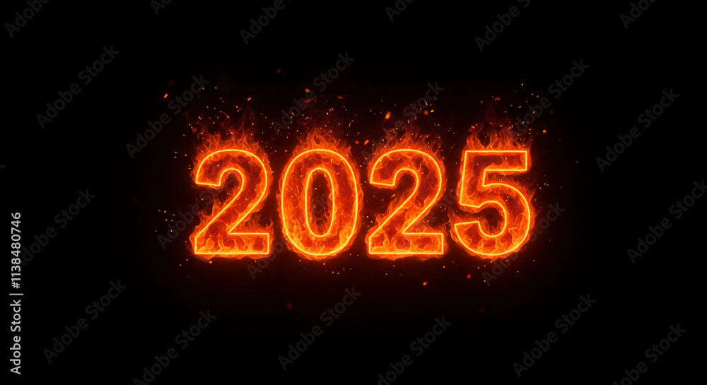 HD 2025 Fiery Glowing in Orange and Red, Embers Floating Around the Text