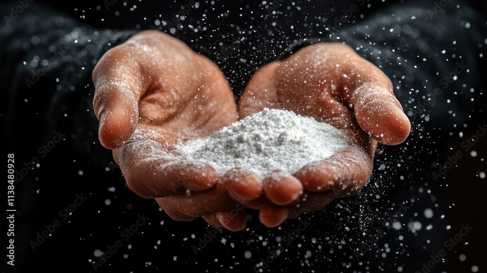 Fototapeta premium Hands holding a fine white powder, with particles floating in the air.