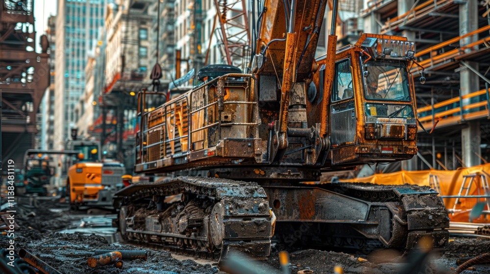 Urban construction site with large excavator. Urban construction site with large excavator.