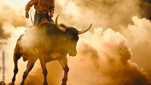 Cowboy rides a kicking black bull through a dusty arena at sunset, A cowboy rides a rank black bull that kicks up dust in the sunlight