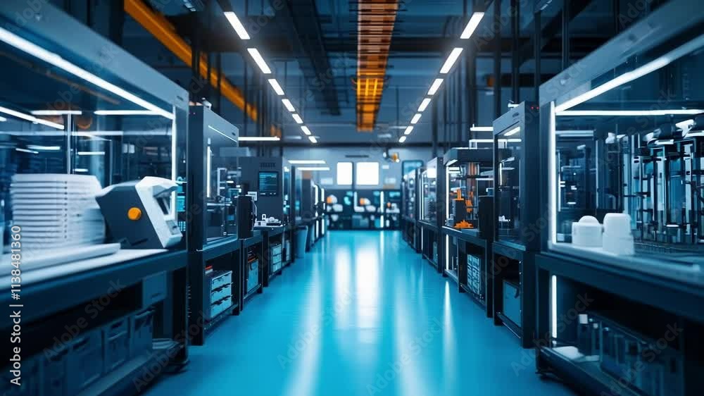 Modern robotic arm handling test tubes and moving inside a high tech innovative laboratory, with nobody present. Blue and orange color grading