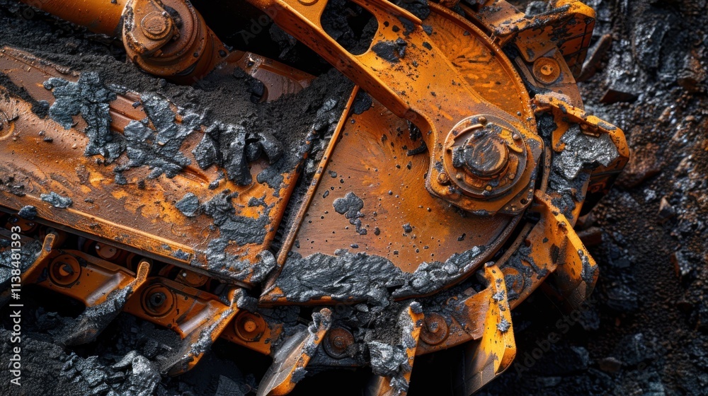 Close-up of dirty orange heavy machinery part.