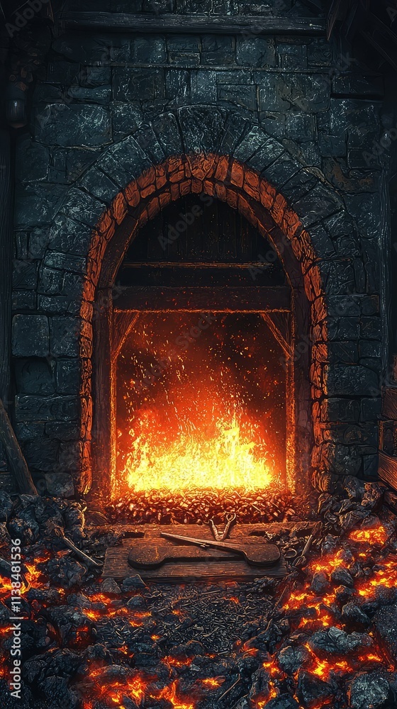 Fiery Hearth in an Ancient Forge, Illuminating the Stone Archway and Surroundings with an Enchanting Glow, Emitting Warmth and Craftsmanship from a Bygone Era