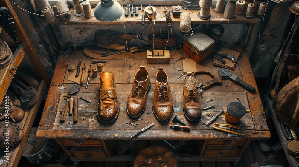 Rustic cobbler's workshop with leather boots and tools.