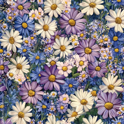 Vibrant Purple and White Daisy Flower Meadow