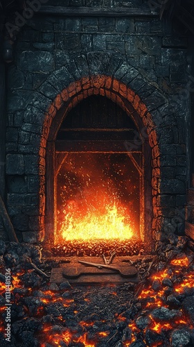 Fiery Hearth in an Ancient Forge, Illuminating the Stone Archway and Surroundings with an Enchanting Glow, Emitting Warmth and Craftsmanship from a Bygone Era