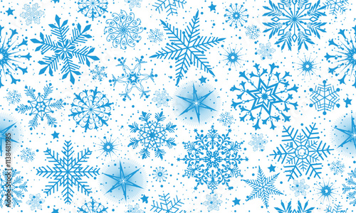Vector Christmas hand drawn seamless pattern with doodle blue monochrome snowflakes  and stars on transparent background