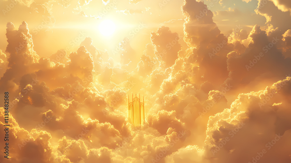 Fototapeta premium Golden gates shining among fluffy clouds in a heavenly sky, heaven, gate, clouds, golden, glorious, sky, celestial. Heavenly. Illustration