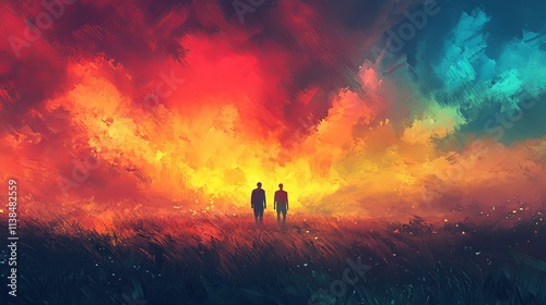 Two figures walking towards a vibrant sunset illuminating the sky with shades of orange, red, and blue in a tranquil natural setting