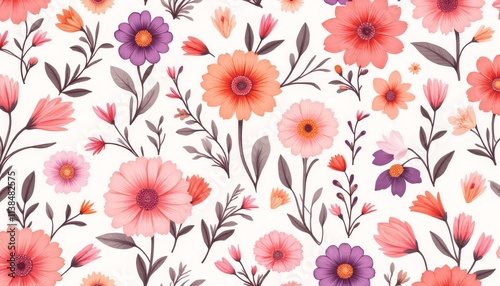 Wallpaper Mural Vibrant Floral Pattern with Coral, Blush Pink, and Deep Purple Flowers Torontodigital.ca