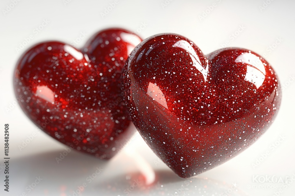 Fototapeta premium Two red hearts sit side by side on a surface, symbolizing love and affection