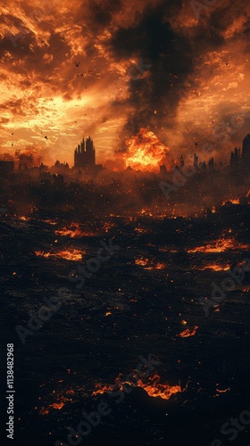 Dramatic Scene of an Apocalyptic Landscape with Fiery Skies and Destruction in the Background, Conveying a Sense of Chaos and Despair in a Post-Apocalyptic World