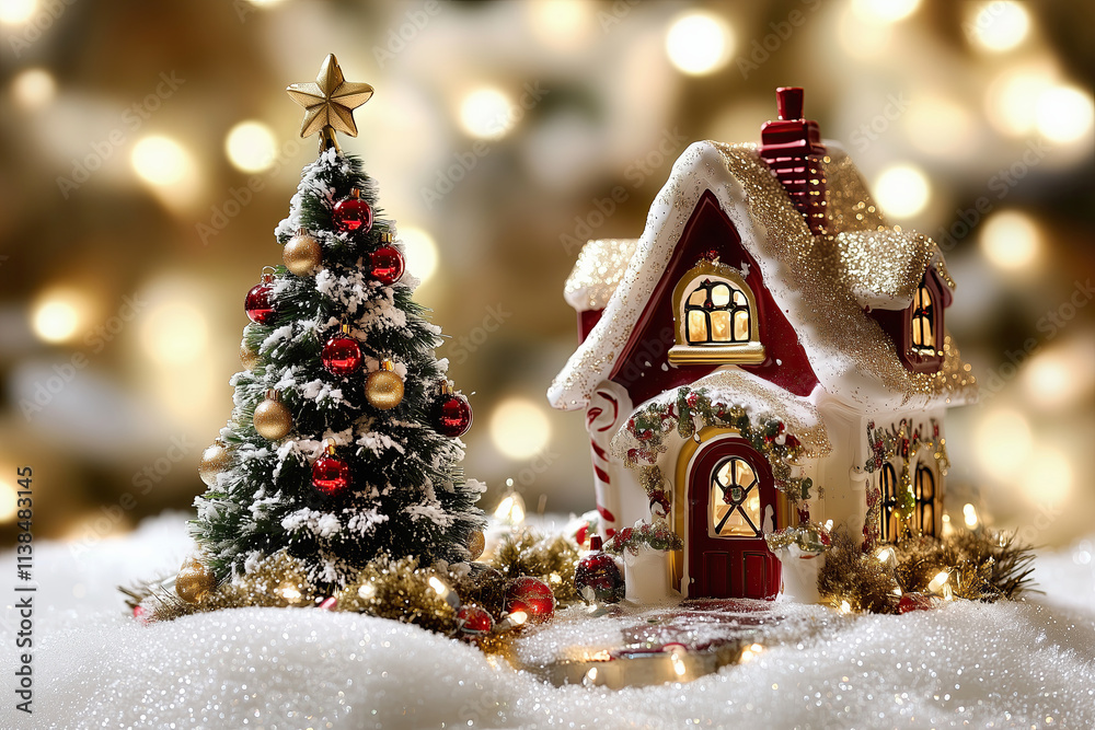 A magical snowy village scene as the centerpiece of a Christmas table, featuring miniature snow-covered houses, frosted trees, and twinkling lights A magical snowy village scene as the centerpiece of a Christmas table, featuring miniature snow-covered houses, frosted trees, and twinkling lights