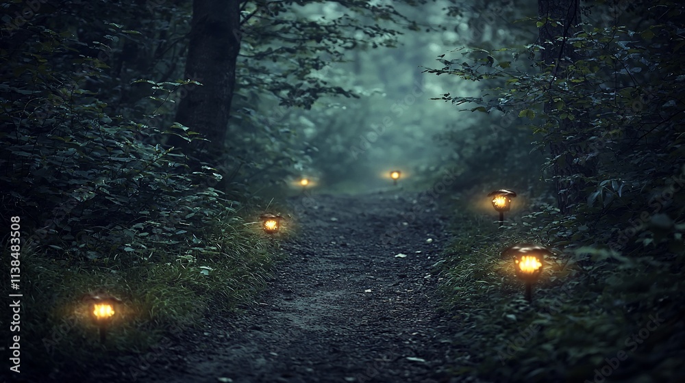 Enchanting path through a mystical forest at night, illuminated by glowing lanterns. Enchanting path through a mystical forest at night, illuminated by glowing lanterns.