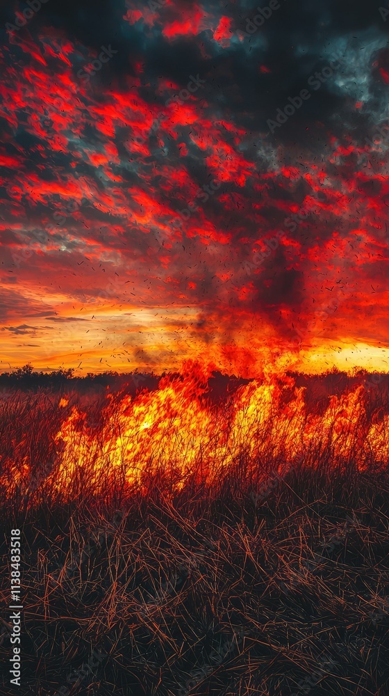 Dramatic Sunset Over Fiery Grasslands with Billowing Smoke and Vibrant Red Sky Capturing the Intensity of Nature's Elements in the Evening Light Dramatic Sunset Over Fiery Grasslands with Billowing Smoke and Vibrant Red Sky Capturing the Intensity of Nature's Elements in the Evening Light