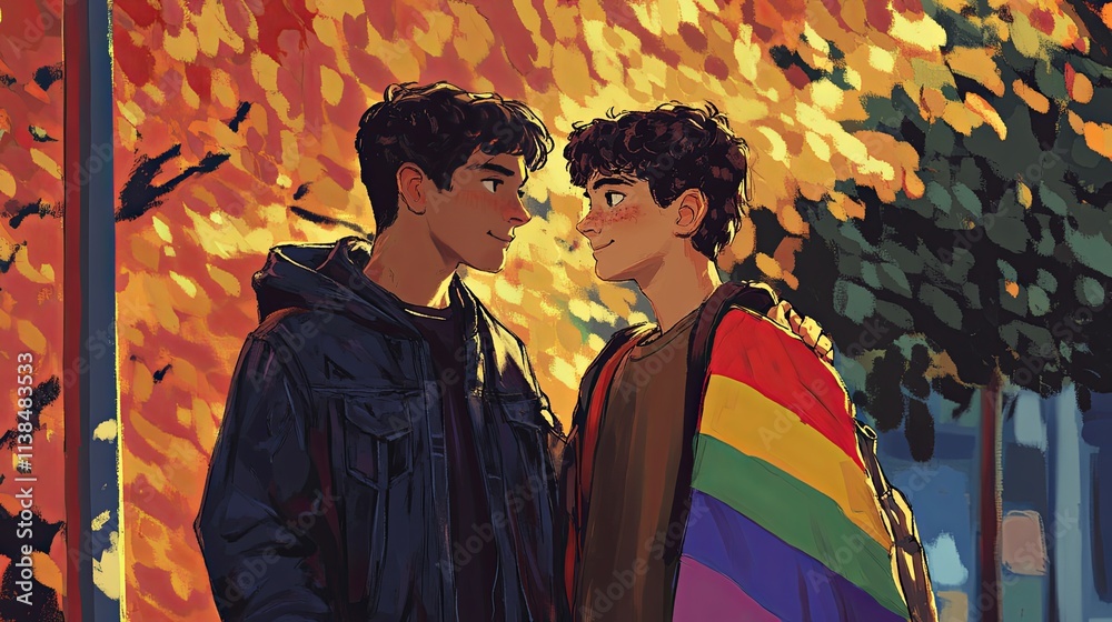 Fototapeta premium Young couple sharing a tender moment in a colorful autumn park while one wears a pride flag wrapped around shoulders in the warm evening light