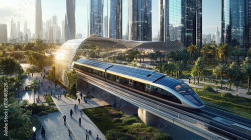 A futuristic solar-powered high-speed train traveling through a city, with solar panels capturing sunlight and powering the train electric propulsion system