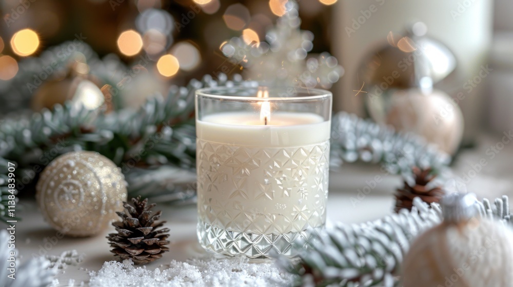 Festive Christmas candle in glass holder with ornaments. Festive Christmas candle in glass holder with ornaments.