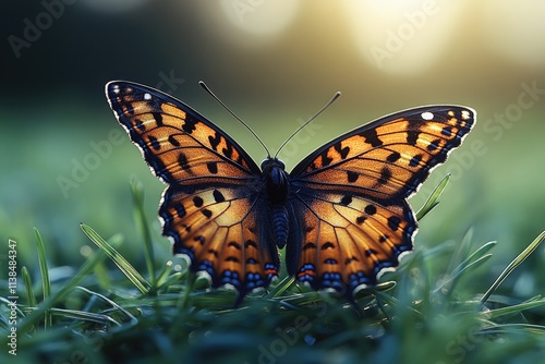 A butterfly perched on a vibrant green meadow, perfect for nature and outdoors related projects photo