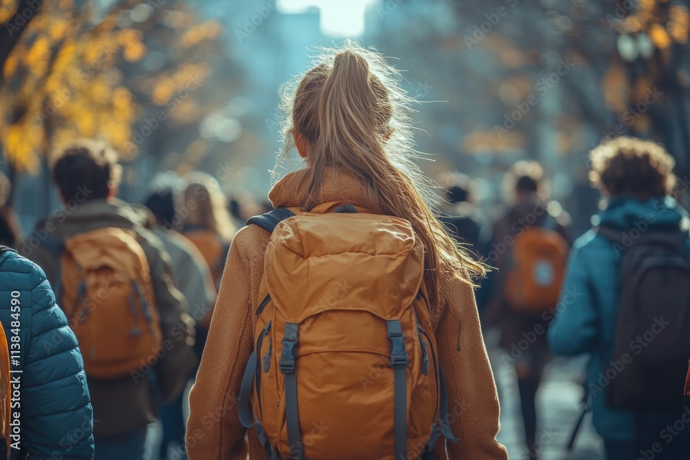 Group of travelers on foot in urban environment, exploring or commuting Group of travelers on foot in urban environment, exploring or commuting