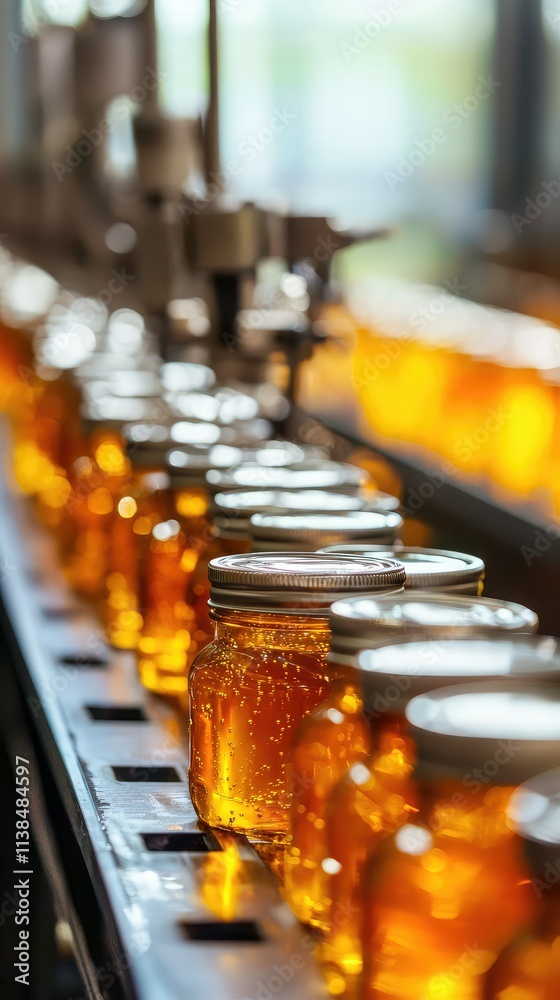 High-Quality Honey Bottling Process with Golden Jars on Production Line in a Modern Factory Setting Capturing Freshness and Craftsmanship in Honey Production High-Quality Honey Bottling Process with Golden Jars on Production Line in a Modern Factory Setting Capturing Freshness and Craftsmanship in Honey Production