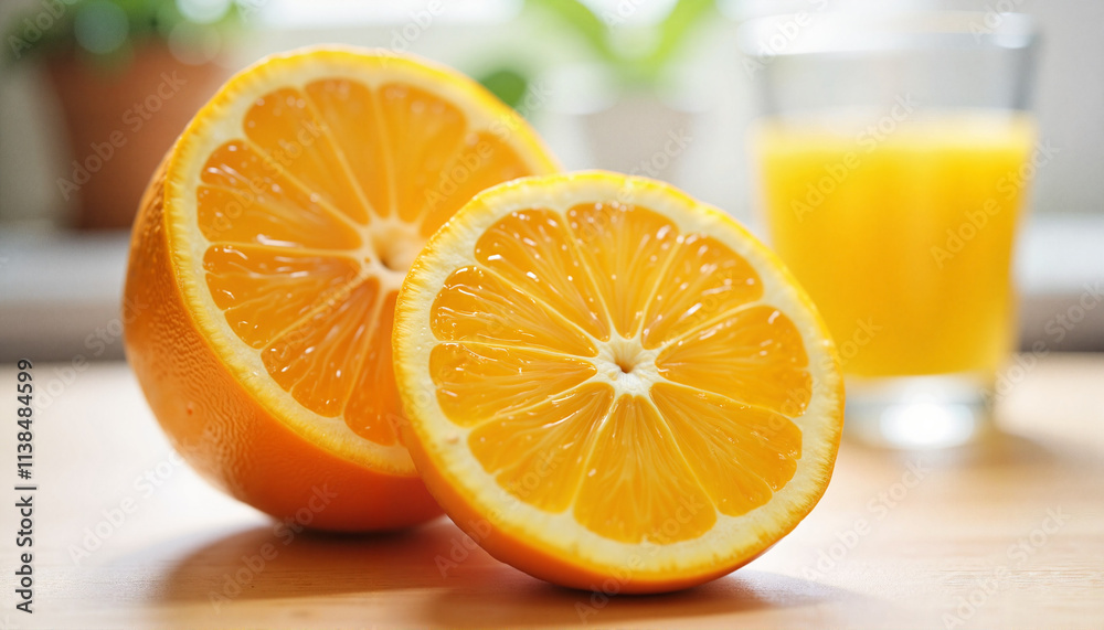 Fototapeta premium Spring Vitamin Deficiency. Close-up of half-cut orange with juice drops on wooden table in kitchen