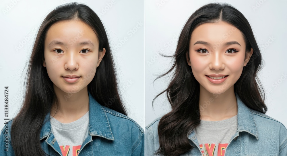 Transformation of asian young female - before and after makeup in casual denim Transformation of asian young female - before and after makeup in casual denim