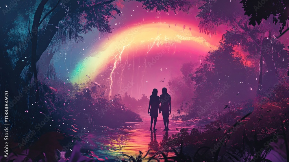 Fototapeta premium Couple walking hand in hand under a vivid rainbow amidst a colorful forest landscape during a serene twilight