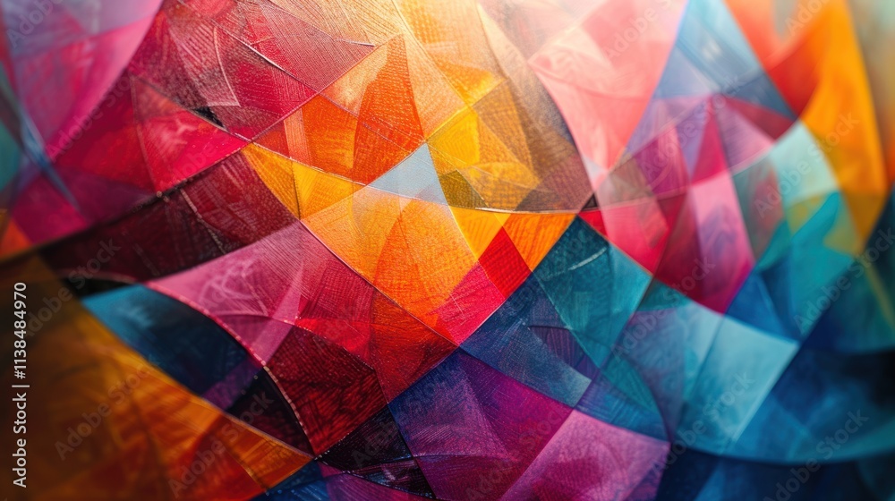 Fototapeta premium Abstract colorful geometric painting with overlapping triangles and vibrant hues.
