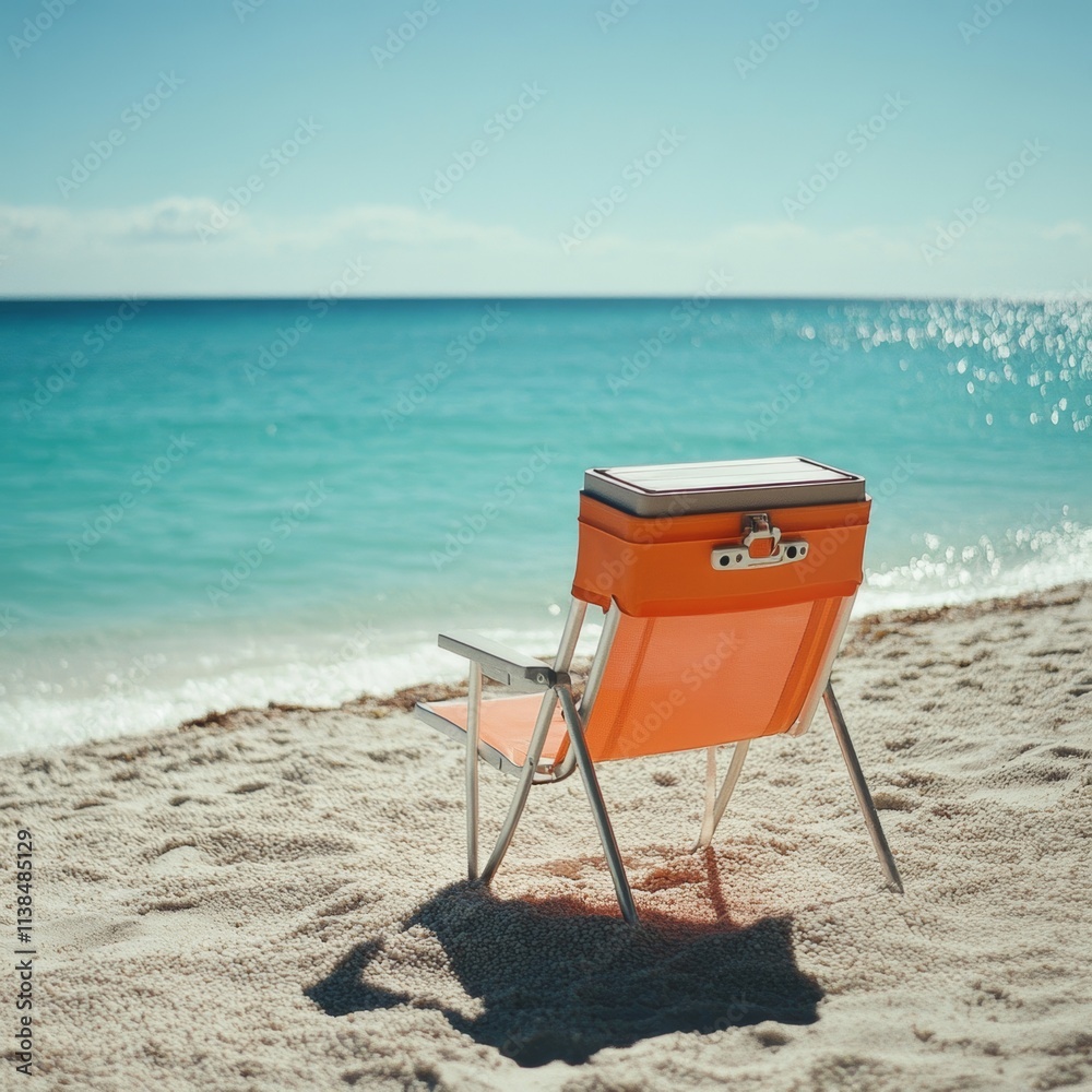 Orange Beach Chair with Cooler on Sandy Beach Orange Beach Chair with Cooler on Sandy Beach