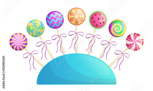 Colorful lollipops on a stick in a stand . The concept of sweet dishes, desserts and confectionery. Vector illustration on a white background for a poster, banner, postcard, advertisement.