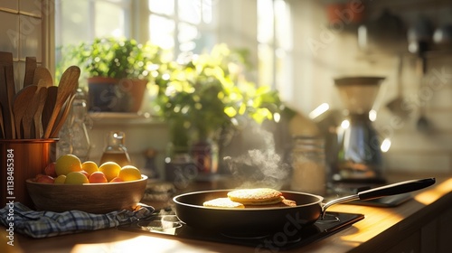 Fresh Pancakes Cooking in a Bright Kitchen with Sunshine and Green Plants photo