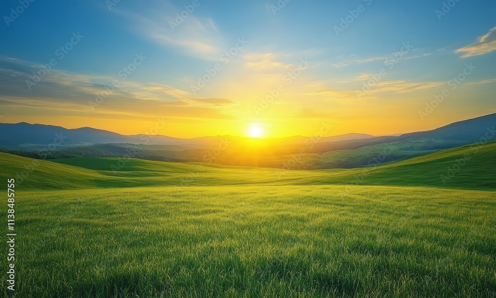 Serene Sunset Over Rolling Green Hills and Fields Serene Sunset Over Rolling Green Hills and Fields