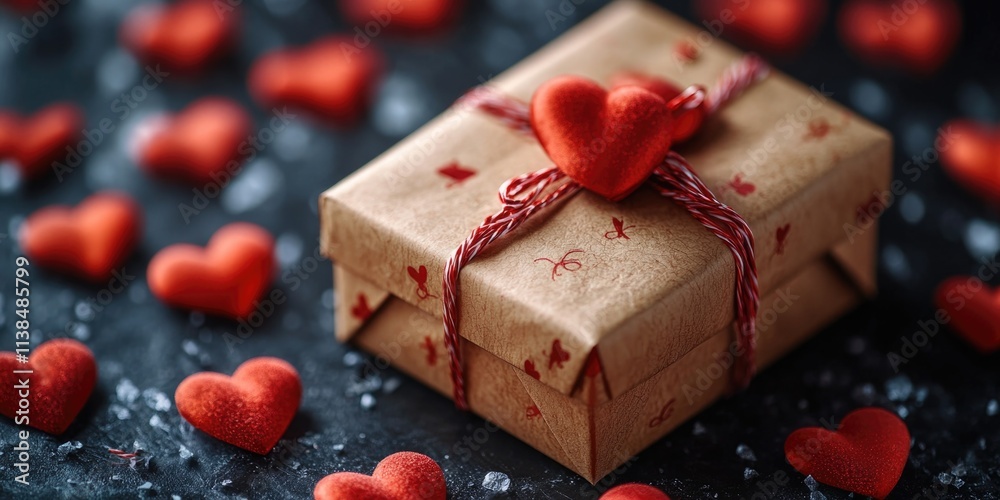A small, nicely wrapped gift box with a red heart on top