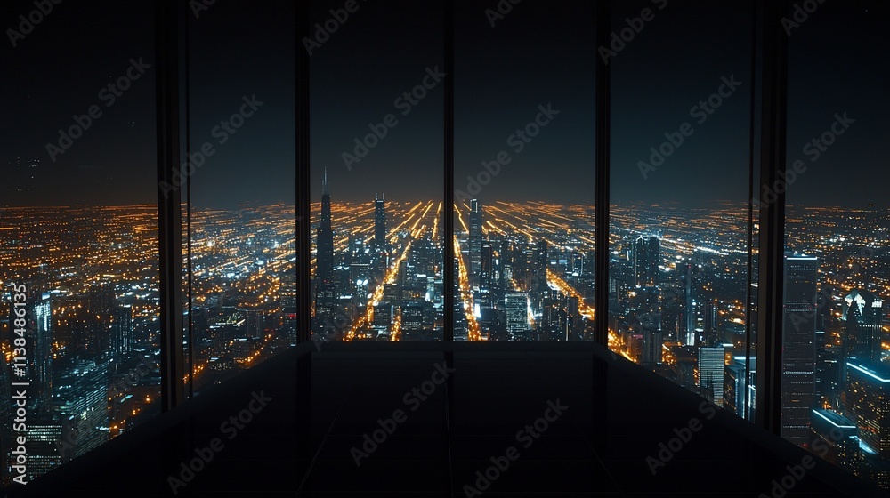 Fototapeta premium Night cityscape view from skyscraper window.