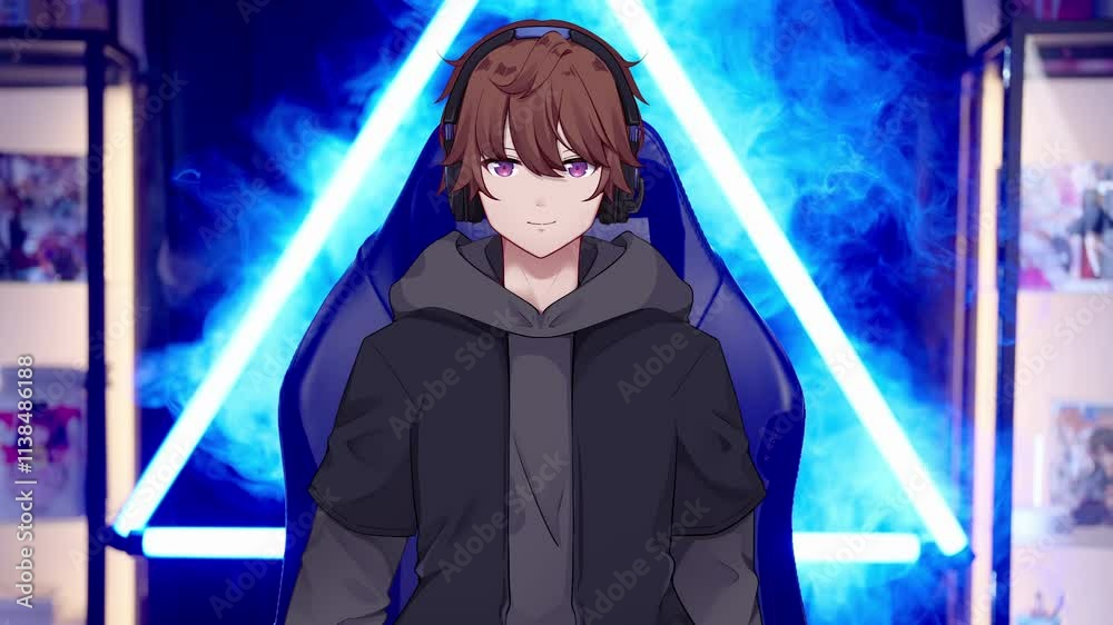 Male 2D anime gamer vtuber streamer interacting from neon lights room 4K