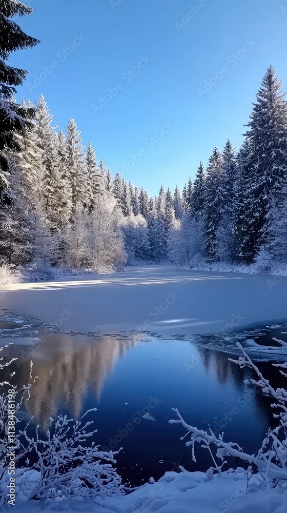 Tranquil Winter Landscape with Snow-Covered Trees Reflecting in a Frozen Lake Under a Clear Blue Sky, Perfect for Nature and Seasonal Themes Tranquil Winter Landscape with Snow-Covered Trees Reflecting in a Frozen Lake Under a Clear Blue Sky, Perfect for Nature and Seasonal Themes