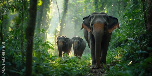 A wide-angle shot of an Asian elephant herd traversing a dense jungle path, with the oldest elephant leading the group photo