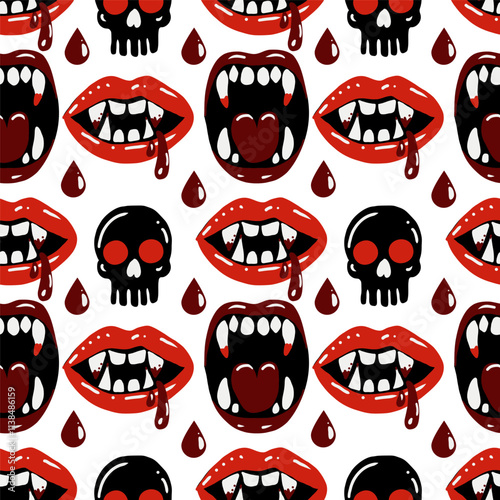 A pattern of vampire teeth and skulls is shown on a white background. The teeth and skulls are red and black, Scene is dark and creepy