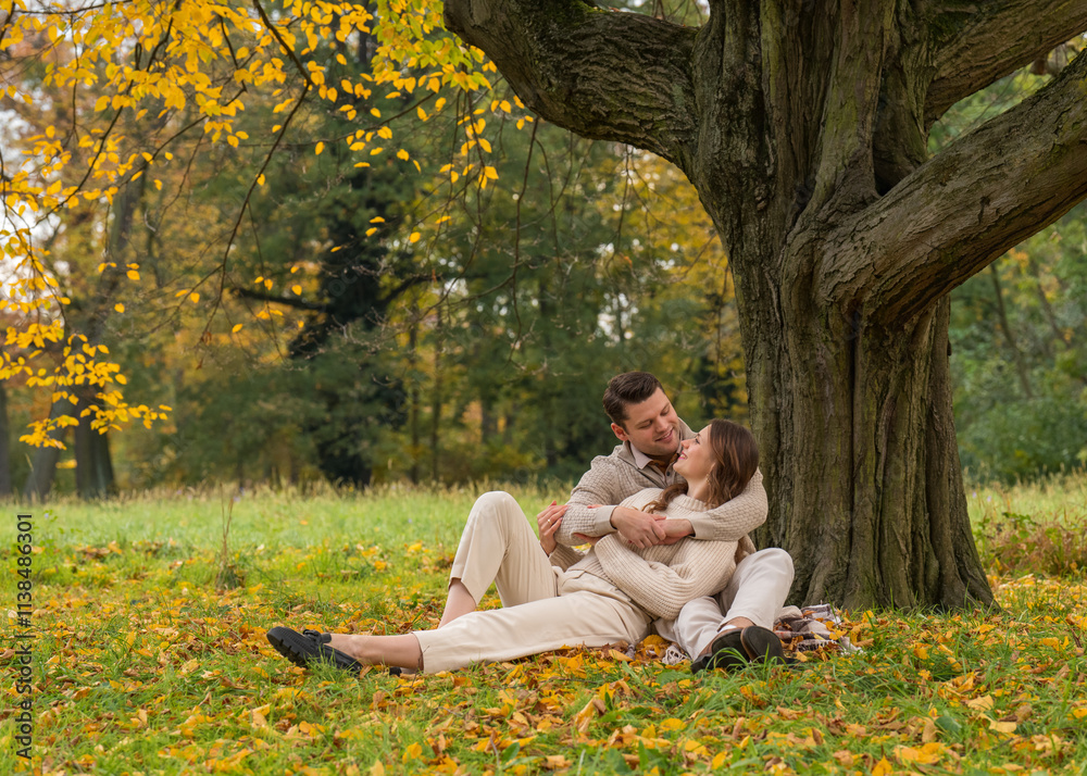 A couple in love tenderly embrace each other sitting in a fall park. Romantic relationship. A couple in love tenderly embrace each other sitting in a fall park. Romantic relationship.