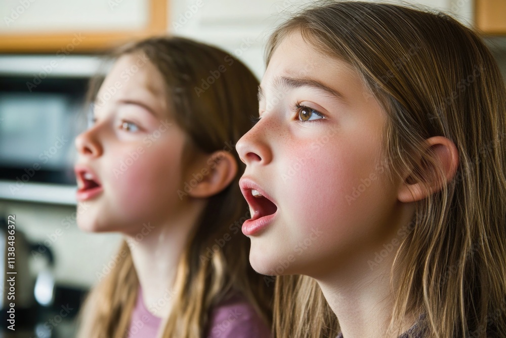 Two young friends harmonizing together in a cozy kitchen setting, perfect for illustration of friendship and bonding