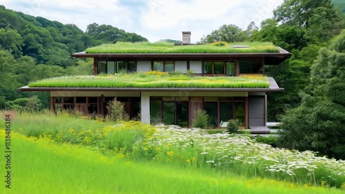 Beautiful modern suburban house with green roof and surrounding wildflowers in serene natural setting