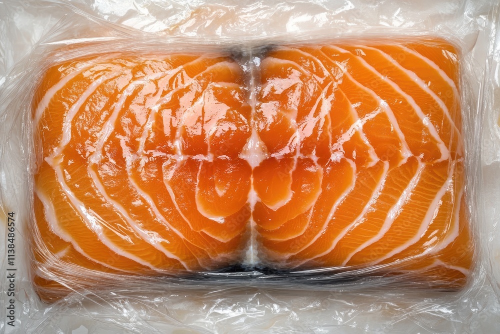 Fresh salmon fillet stored in a plastic bag, ready for cooking or packaging Fresh salmon fillet stored in a plastic bag, ready for cooking or packaging