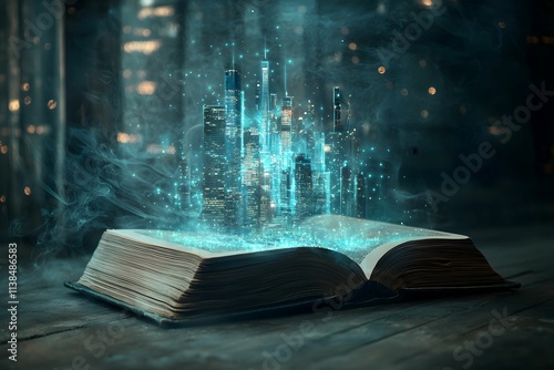 Digital city emerging from an ancient book in a mystical atmosphere at night