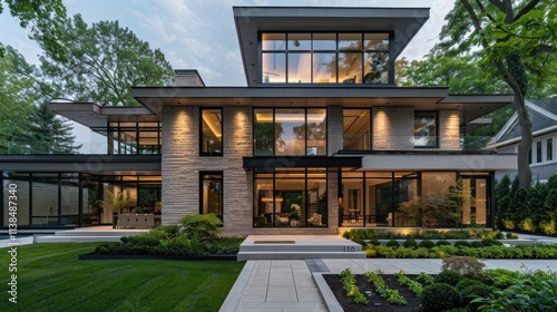 Modern luxury home with large windows, stone exterior, and landscaped yard at dusk.