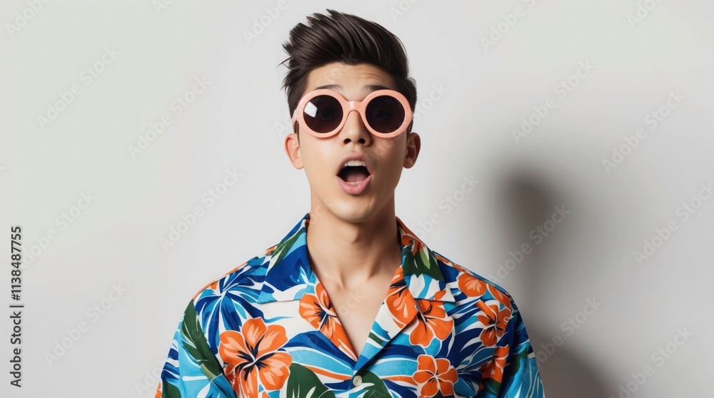 Colorful summer vibes radiate from a young man wearing vibrant attire and playful sunglasses while posing against a simple backdrop Colorful summer vibes radiate from a young man wearing vibrant attire and playful sunglasses while posing against a simple backdrop