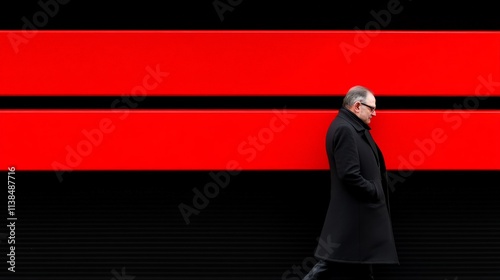 Man in Black & Red: A solitary figure, dressed in a sleek black coat, walks with purpose against a stark backdrop of bold red and black stripes. photo